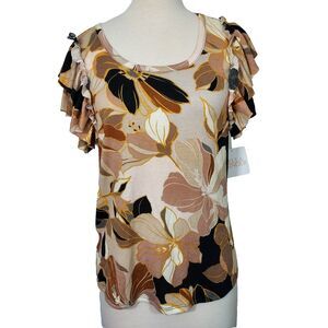 Stella + Ginger Shirt Top Ruffled Short Sleeve Stretch Floral Womens Large NWT